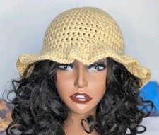 Handmade Crochet Bucket Hat Wide Ruffle Brim Beige Acrylic Yarn Adult Fashion