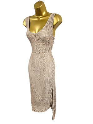 KM-3 UK-12-14 KAREN MILLEN Gold Beige Vintage Crochet Floral Bodycon Dress  | eBay