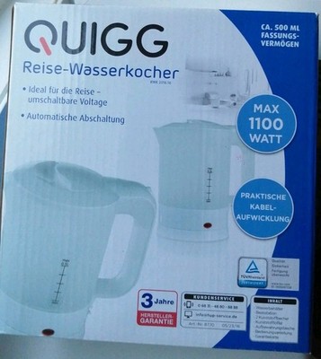 QUIGG Reise Camping WASSERKOCHER 500 ml Max. 1.100 Watt Kunststoff Weiß OVP