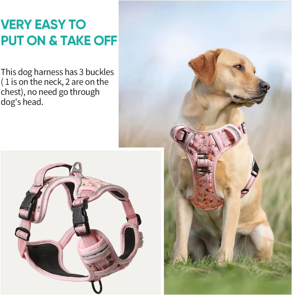 Dog Harness, No-Pull Pet Harness with 2 Leash Clips, 3 Snap Buckles Adjustable S