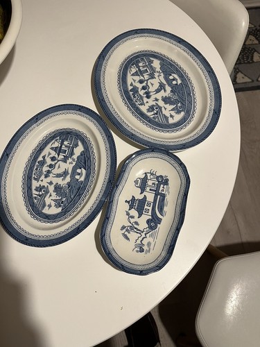 3 Early 1900’s Woods Ware CANTON Serving Plates Blue & White Oriental,
