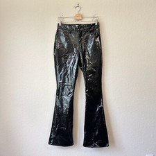 GOOD AMERICAN Flare Pants Womens Sz 6 Black Glossy Faux Leather Crackled HR NWT