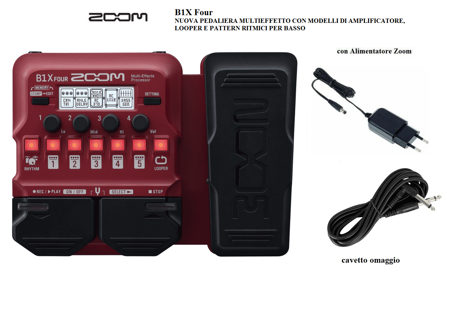 ZOOM B1X FOUR PEDALIERA EFFETTI PER BASSO LOOPER PATTERN BATTERIA + ALIMENTATORE