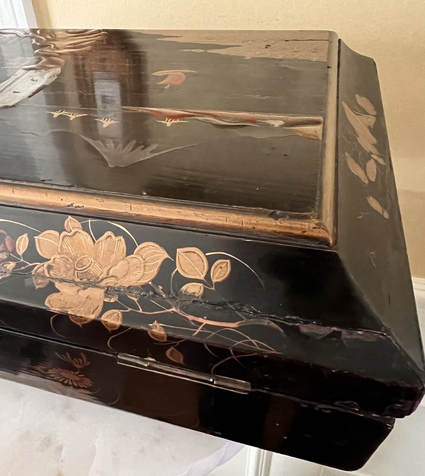 Antique Large Japanese Wood Black Lacquer Document Writing Lock Box ...