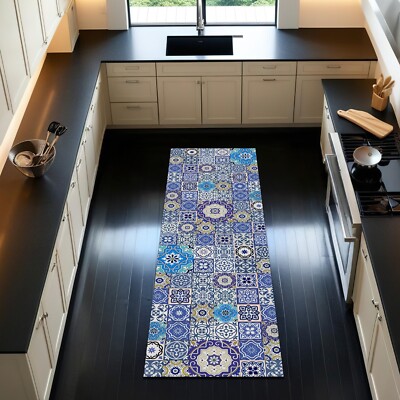 Blue Color Tile Pattern Kitchen Runner Rug Bedside Mat Minimal Boho Mat Decor