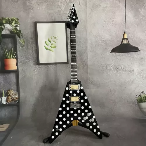 White Dot Black Flying V Electric Guitar Solid Body 6-Strings Open H-H Pickups