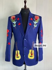 Men Blue2Pc Bespoke Guitar Embroidered Nudie Western Cowboy Cocktail Prom Outfit