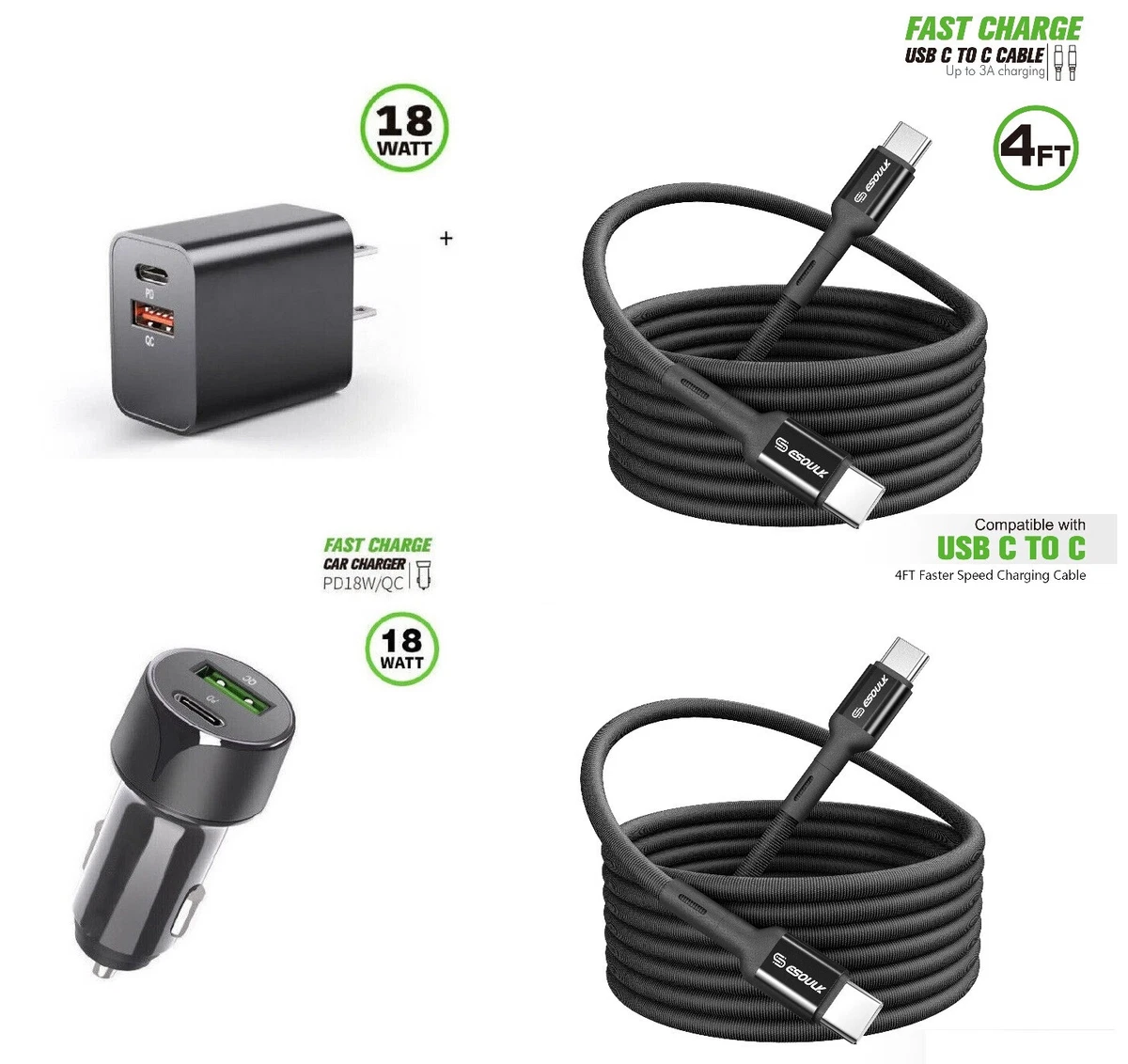 For Apple iPhone 15 18W Car Charger Wall Charger 2x USB C to Type C