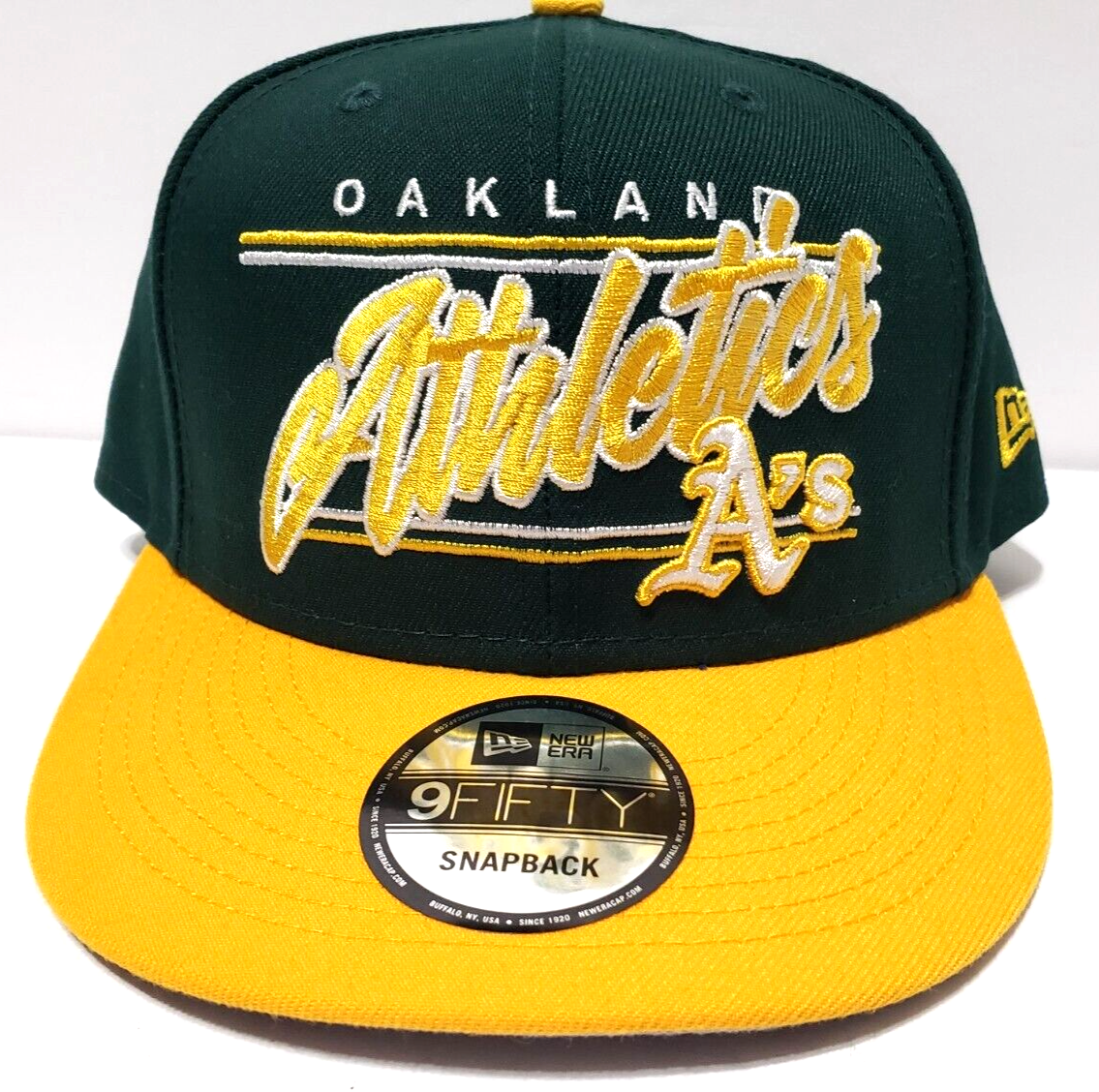 Men's New Era 9Fifty MLB Oakland Athletics Team Script Green/Gold Snapback
