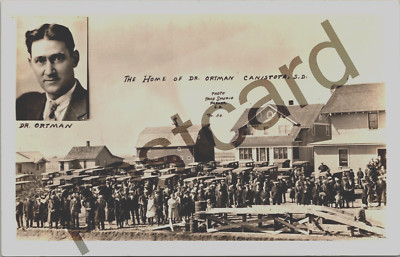 DR. ORTMAN, Canistota SD, 100+ people, 35+ autos, Trad Studio Photo RPPC jj284
