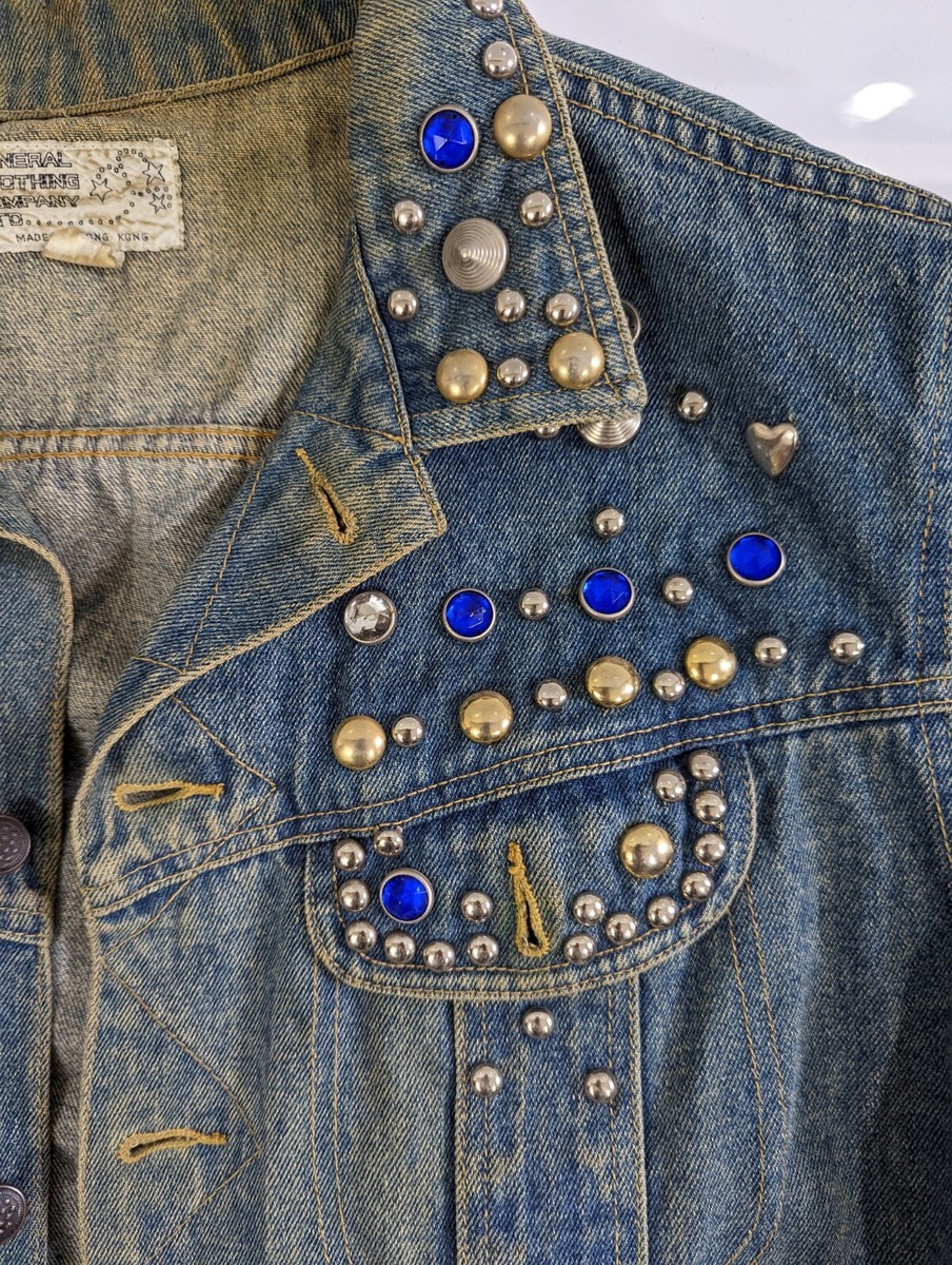 Vintage 80s Denim Studded Jeweled Bedazzled Coat Jacket Sz M Vintage 80s Denim Studded Jeweled Bedazzled Coat Jacket Sz M