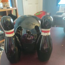 Vntg 1950's 1 Piece Lrg Pottery Bowling Ball/2 Pins Black Glaze Hndpainted Pins 