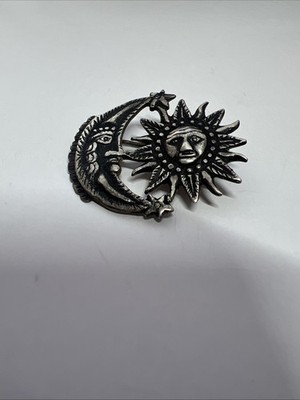 Vintage Sterling Silver 925 Celestial Sun Crescent Moon Sun Face Brooch Pin