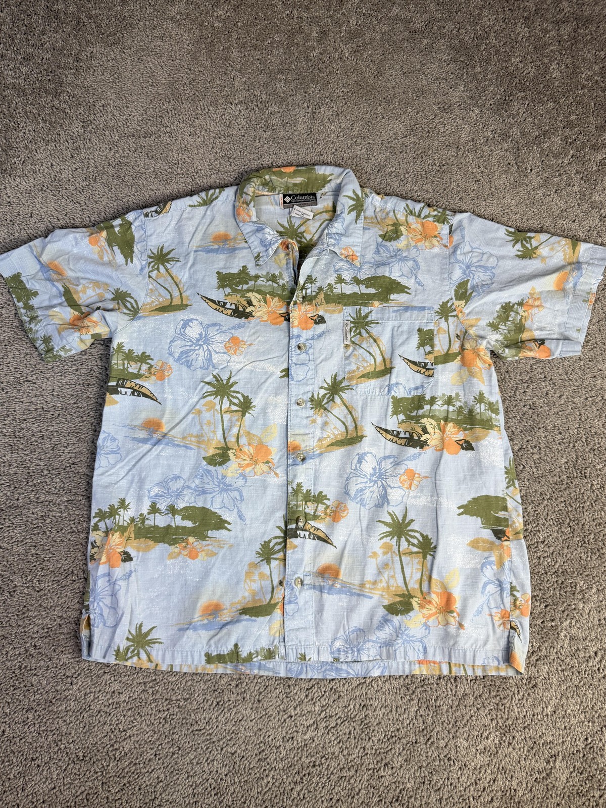 Columbia Shirt Mens L Blue Floral Hawaiian Short Sleeve Button Up Cotton