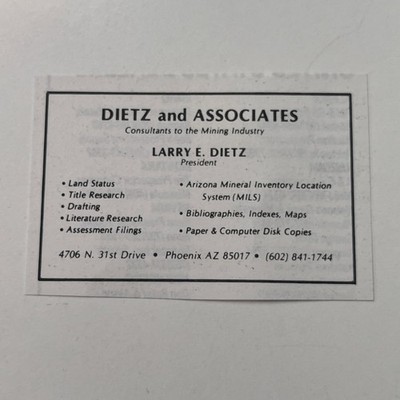 Diet and Associates Larry E. Dietz Phoenix AZ 1986 Mining Ad SJA3-S2