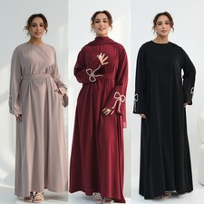 Ramadan Abaya Women Muslim Rhinestone Bowknot Long Sleeve Maxi Dress Modest Robe