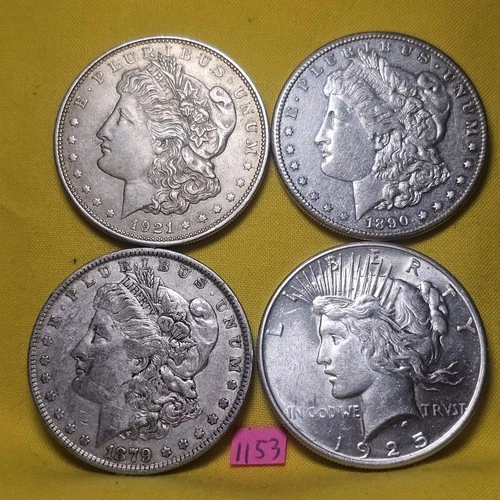 LOT of 4 🇺🇲🔥XF-AU 👀🔥1879 1890-S 1921 Morgan & 1925 Peace Silver Dollars 153