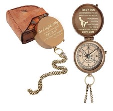 Engraved Brass Compass Gift for Son w/ Leather Case Inspirational Quote New