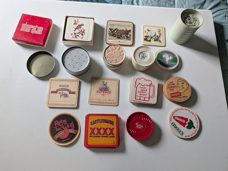 VINTAGE COASTER LOT ADVERSTISING THEMED BEER VARIOUS DESIGNS PLASTIC METAL PULP