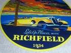 VINTAGE 1934 RICHFIELD ANTIQUE CAR  11 3/4" PORCELAIN METAL GASOLINE & OIL SIGN!