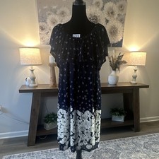 Ember Navy/White Floral Chiffon Shift Midi Dress L Scoop Neck Ruffle Lined