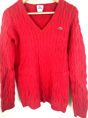 Vintage Lacoste Y2K Red Cable Knit Vneck Cotton Tennis Sweater S M 40 6 7 8