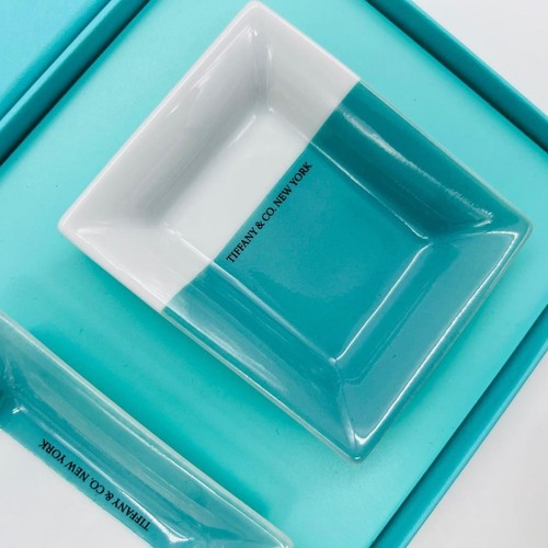Tiffany Color Block Vide Poche Trays Plates Set Of 4 With Box Used - Picture 5 of 10