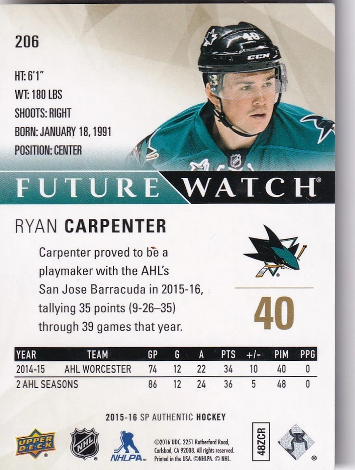 2015-16 SP Authentic Limited #206 Ryan Carpenter RC 15/25 - Image 2 of 2