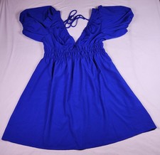 Shein Curve Dress Womens 2XL Blue Puff Sleeve Deep V Neck Tie Back Skater Mini