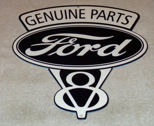 VINTAGE FORD GENUINE PARTS V8 12" METAL CAR TRUCK GASOLINE & OIL DEALERSHIP SIGN