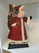 Vtg Painted metal Santa figure wooden stand Folk Art signed B morgan Christmas 
