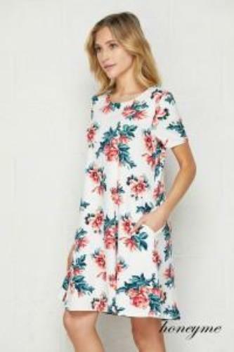 Vestido columpio de manga corta con bolsillos con estampado floral gema marfil y coral - Imagen 3 de 4