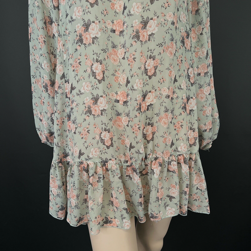 New Look Dress 14 Womens Green Floral Chiffon Blouse Frill Hem Tie Neck Short - Picture 5 of 12
