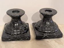 Vintage Set of 2 Black & White Drizzle Taper Candlestick Holder Square Base