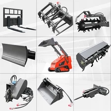 Skid steer loader attachments: trencher,fork, log grab, bucket, rotary tiller
