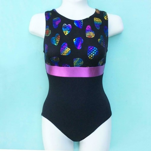 Gymnastics Leotard Girls sz CM Child 7 Black Pink Rainbow metallic Hearts Leo c-