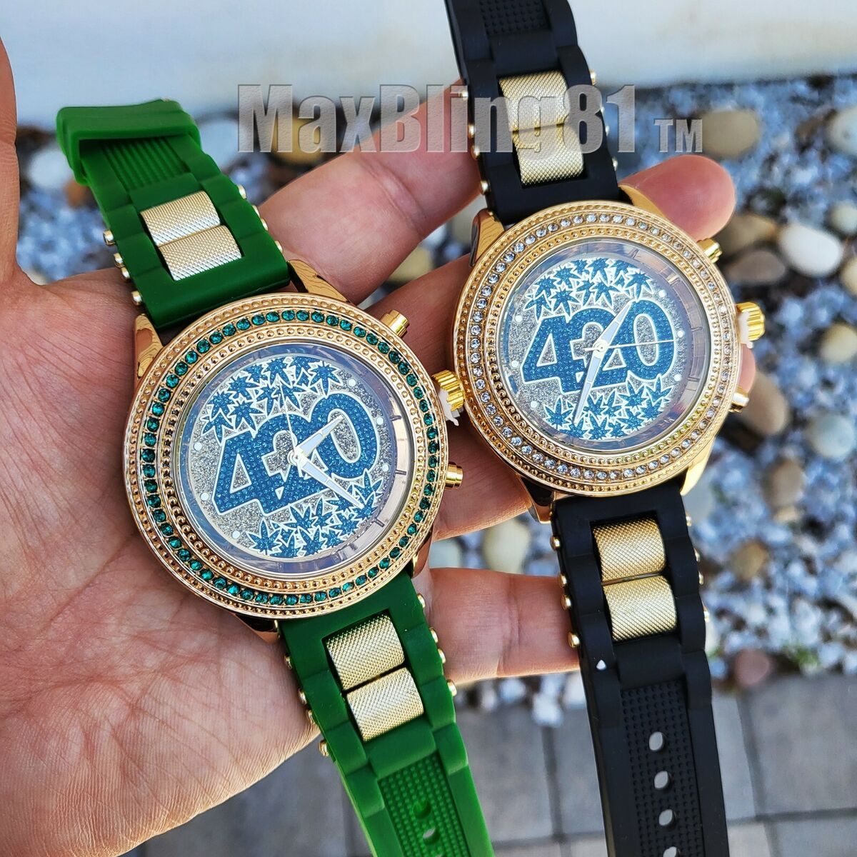 MEN ICED GOLD PT 420 WEED LEAF DIAL SILICONE BULLET BAND HIP MEN ICED GOLD PT 420 WEED LEAF DIAL SILICONE BULLET BAND HIP