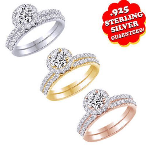 Halo Engagement Ring Band Set 1.01Ct Brilliant Cut Jewelry 925 Sterling Silver-image