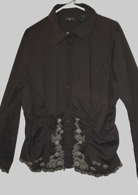 Ideology Chocolate Brown Blouse Top RUCHING Embellished BOHO Embroidery PLUS 2X