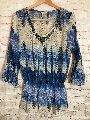 Cache Top Womens Large Blue Snakeskin Animal Print Beaded V Neck Boho Hippie