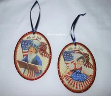 Primitive Vintage Style Patriotic Boy & Girl Ornaments - Americana - Glitter 4th
