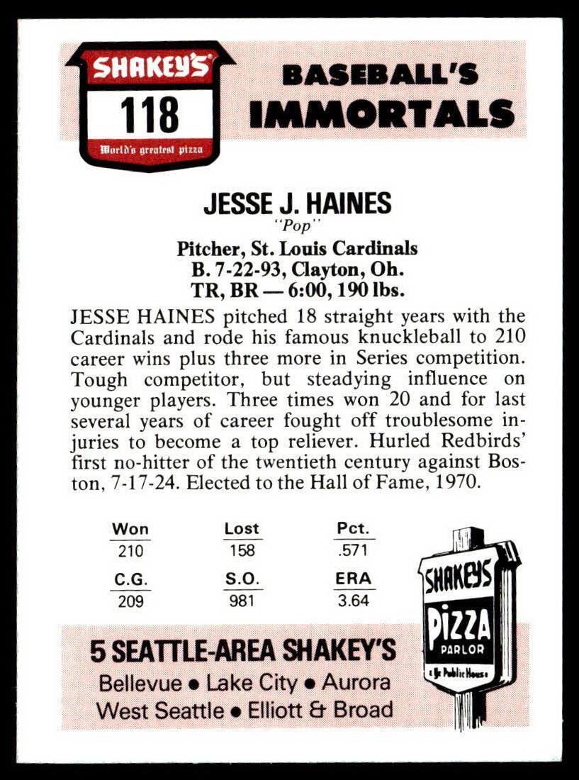 1976 Jesse Haines Shakey's Pizza #118 *NICE* Only 2000 Sets Made
