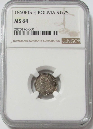 1860 PTS FJ SILVER BOLIVIA 1/2 SOL LLAMAS COIN NGC MINT STATE 64 POTOSI MINT