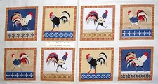 24" Fabric Panel - Henry Glass Cock-a-doodle-doo Rooster Blocks Cream