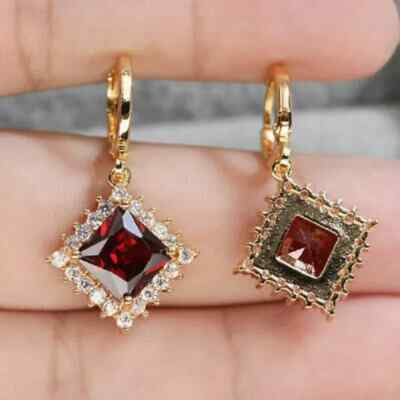 4Ct Princess Cut Red Garnet Halo Drop/Dangle Earrings 14K Yellow Gold Plated