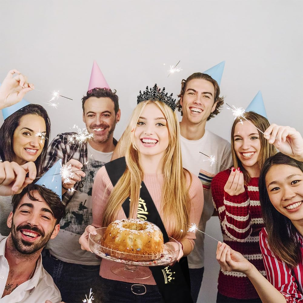 Black Tiara Crown Birthday Queen Sash Tiaras and Crowns for Women Girls