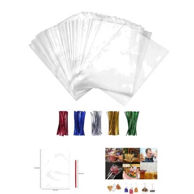 Decorative 100 Pack Clear Cellophane Bags with 5 Color Twist Ties for Events