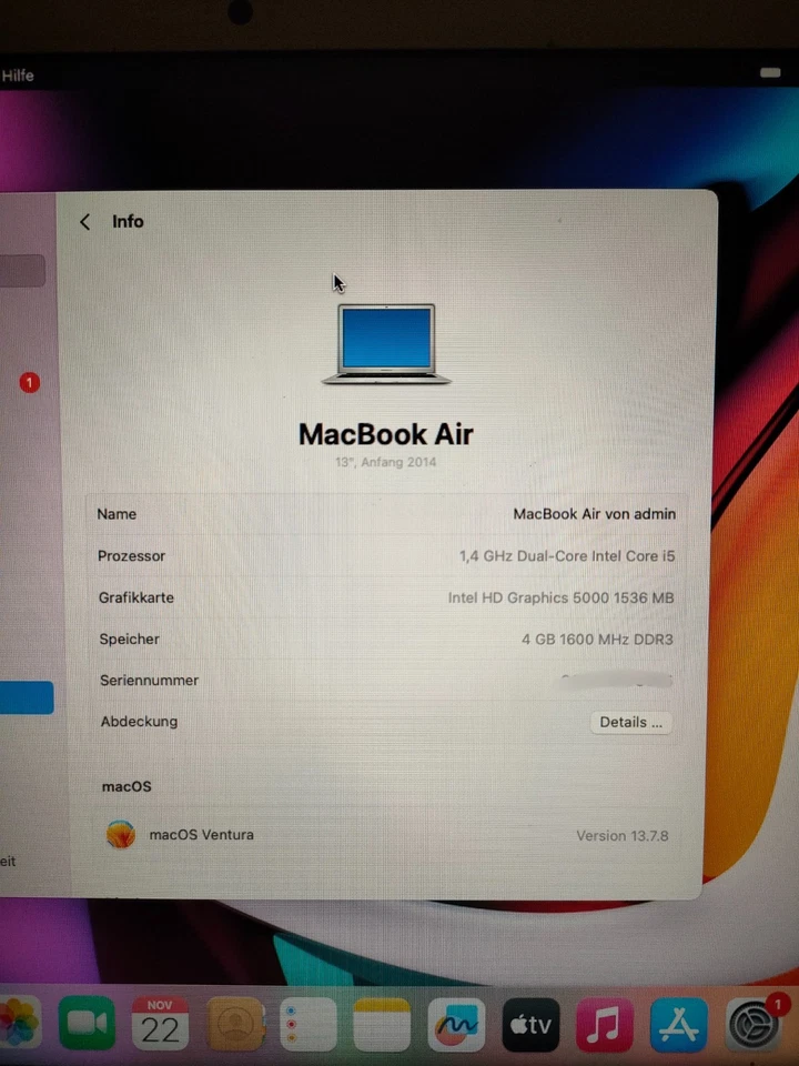 MacBook Air 13,3Zoll 2014 A1466, 4Gb Ram/120GB SSD, Intel Core i5, macOS Ventura - Bild 4 von 4