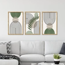 Sage Green Boho Wall Art Decor 16"x11" Set of 3 Minimalist Geometric Line Lea...