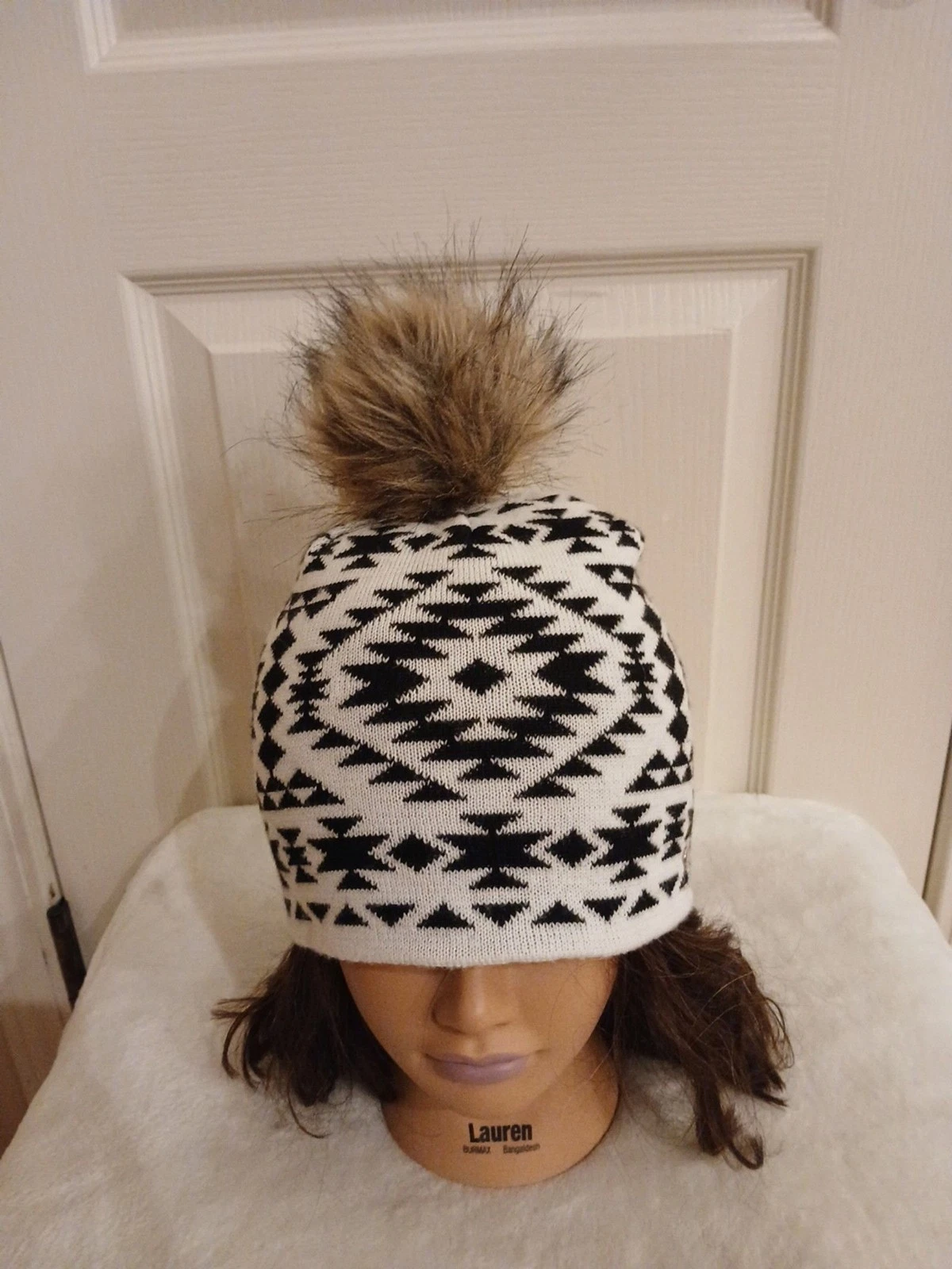 Kooringal Wool Blend Beanie Black/white Southwest Aztec Pom-pom Fleece Earband
